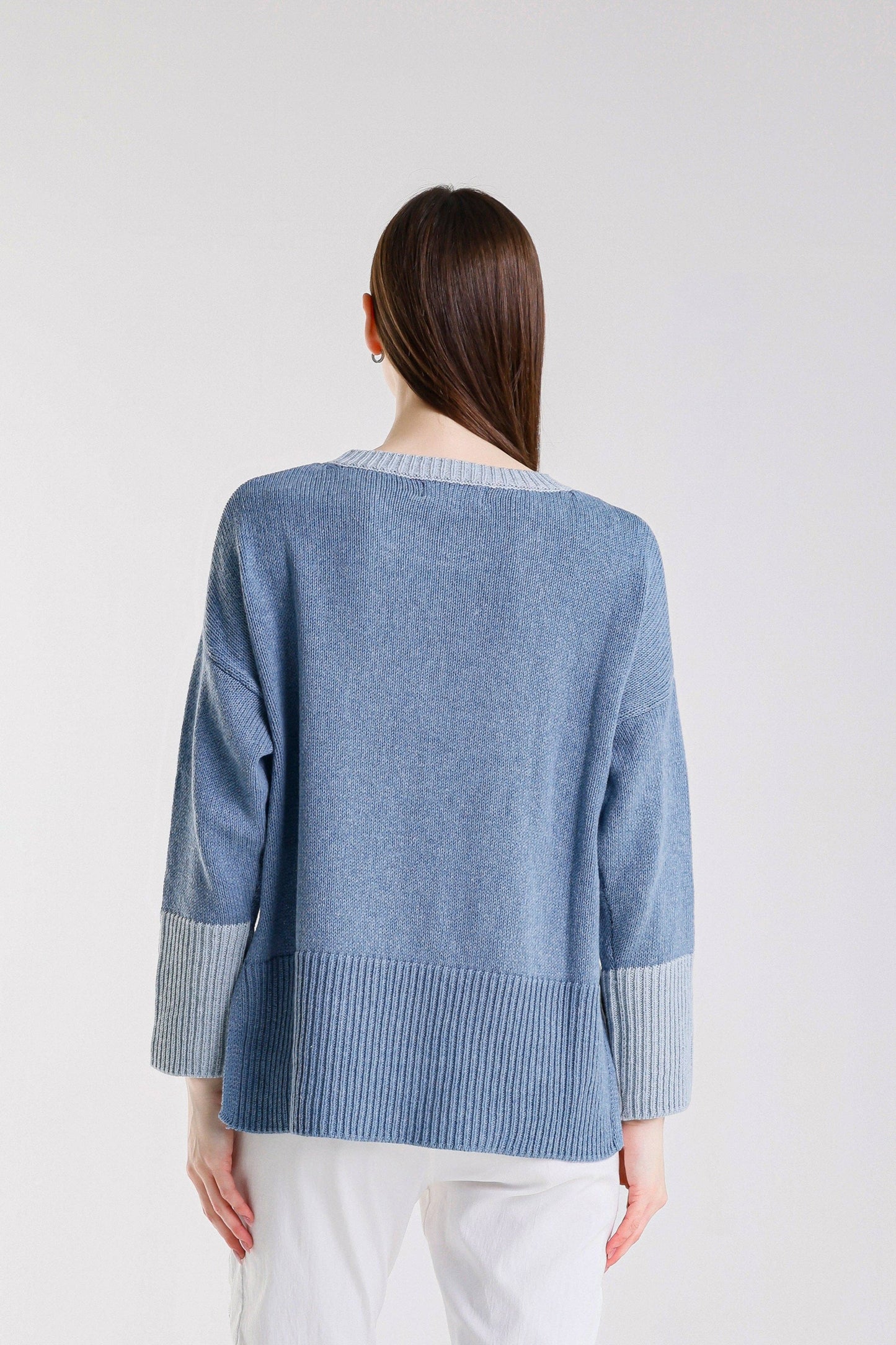 Lisbeth Contrast Neck Hi/Low Sweater (BLS915)