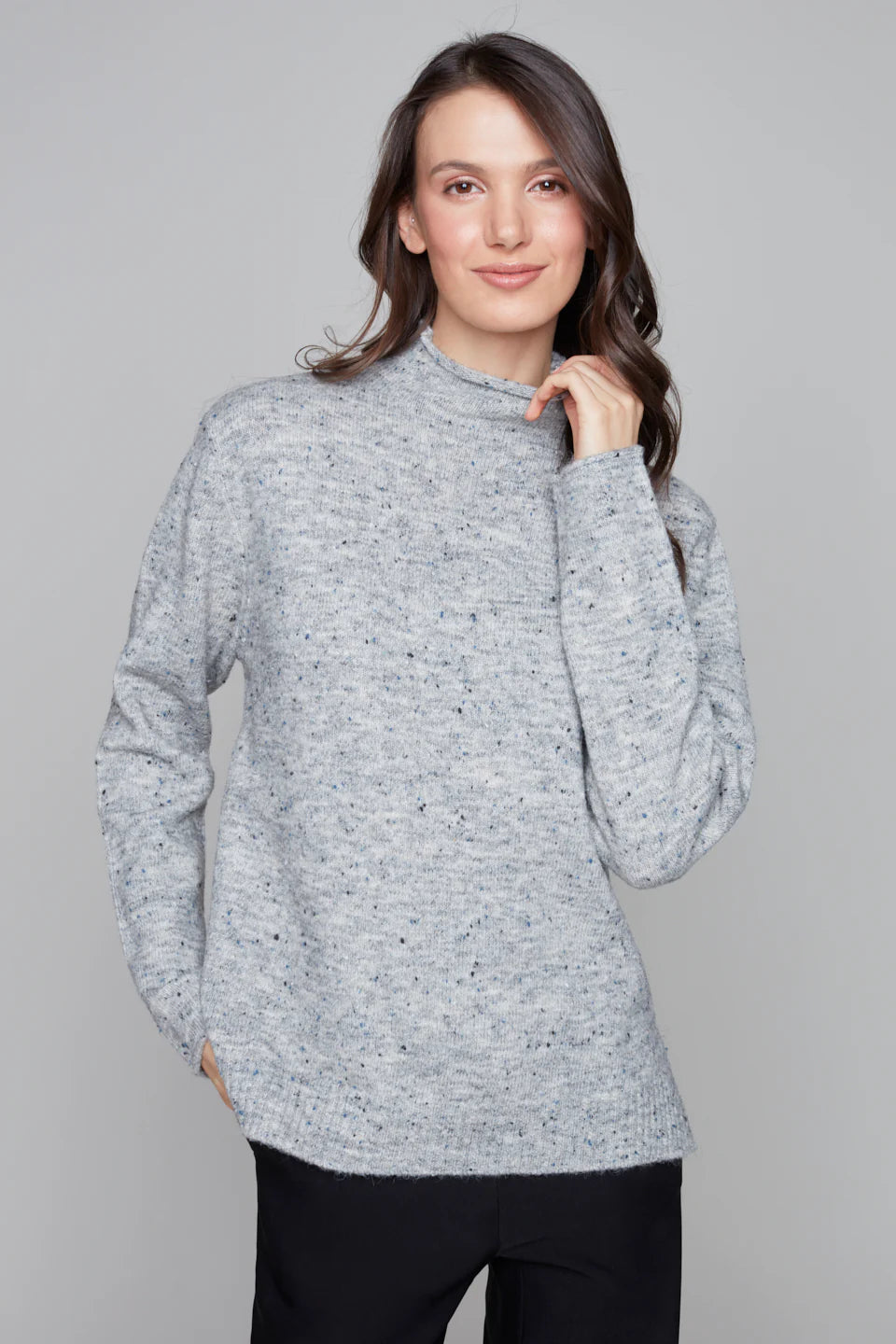 Carre Noir Gray & Blue  Funnel Neck Sweater