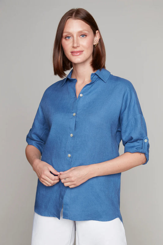 Carre Noir Denim Blue Linen Blouse