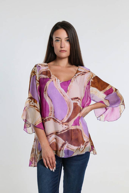 Martine Mosaic Flutter Sleeve Silk Blouse (BQ205M)