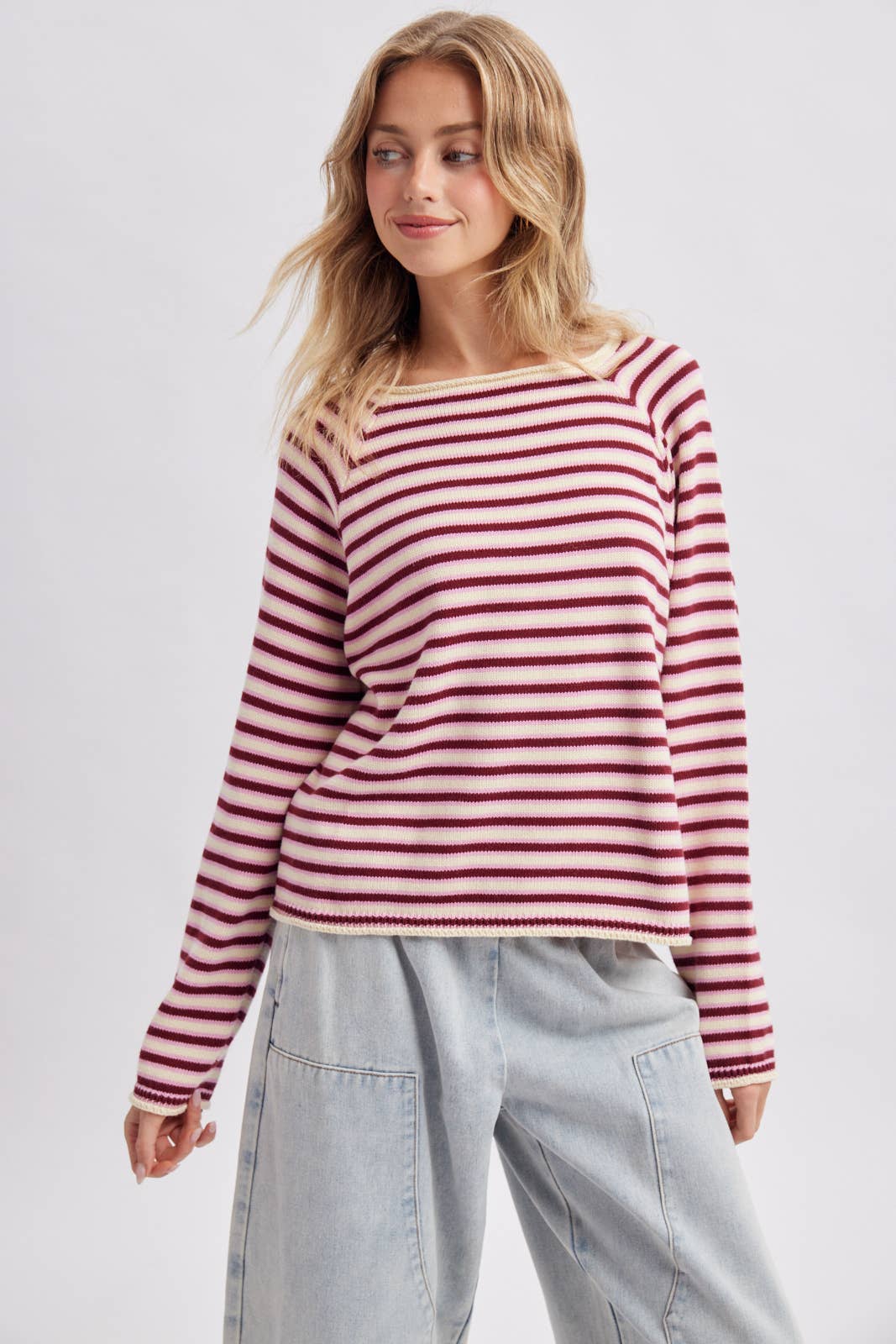 STRIPE CREW NECK KNIT SWEATER / WL26-13173