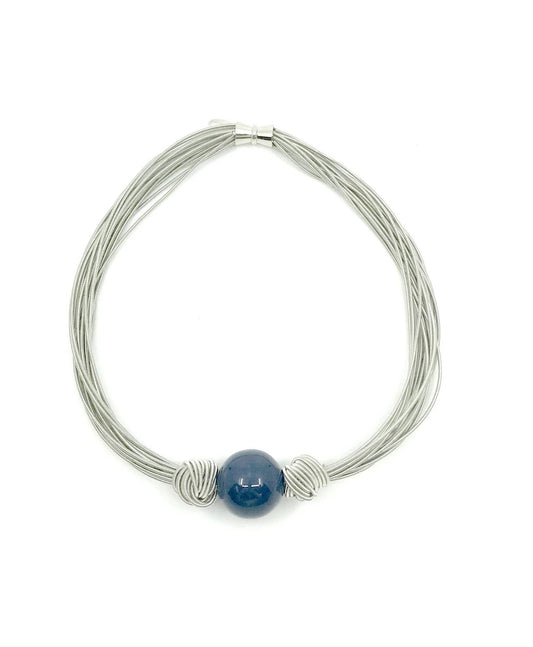 S64F - Silver Multi Strand Short Necklace with Blue Bead