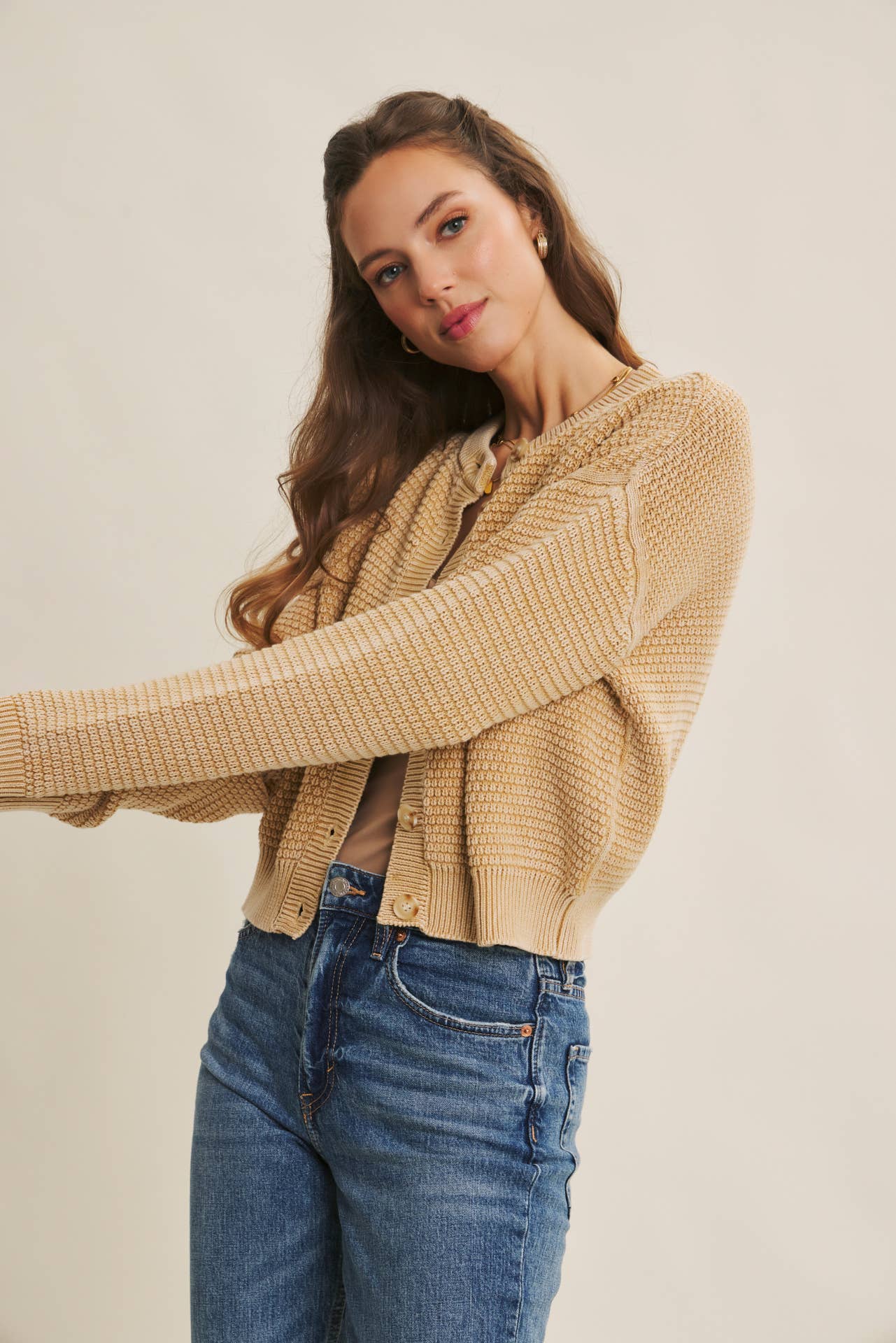 SEASONLESS MINERAL-WASHED COTTON WAFFLE BUTTON-DOWN CARDIGAN
