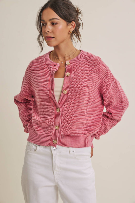 SEASONLESS MINERAL-WASHED COTTON WAFFLE BUTTON-DOWN CARDIGAN