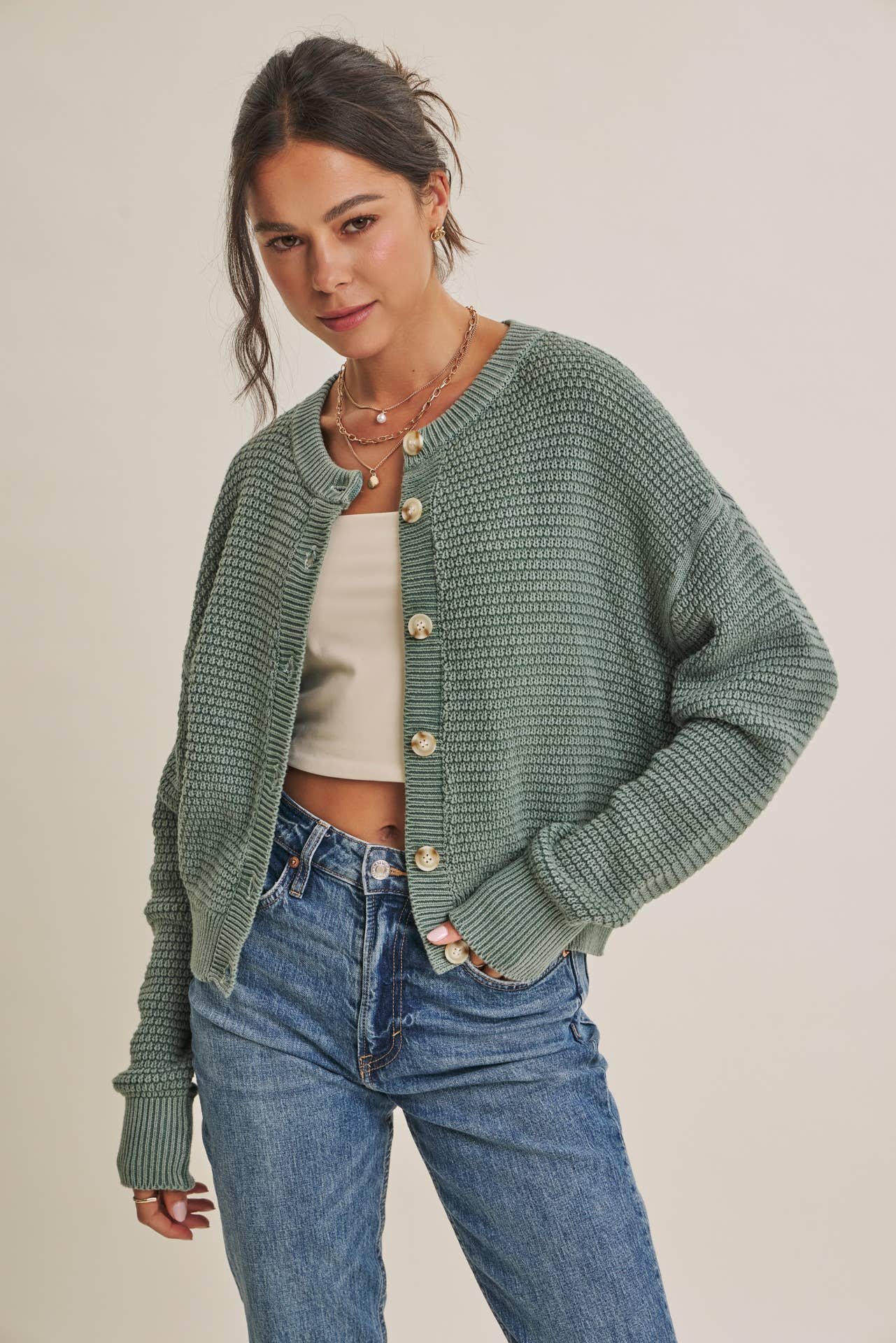 SEASONLESS MINERAL-WASHED COTTON WAFFLE BUTTON-DOWN CARDIGAN