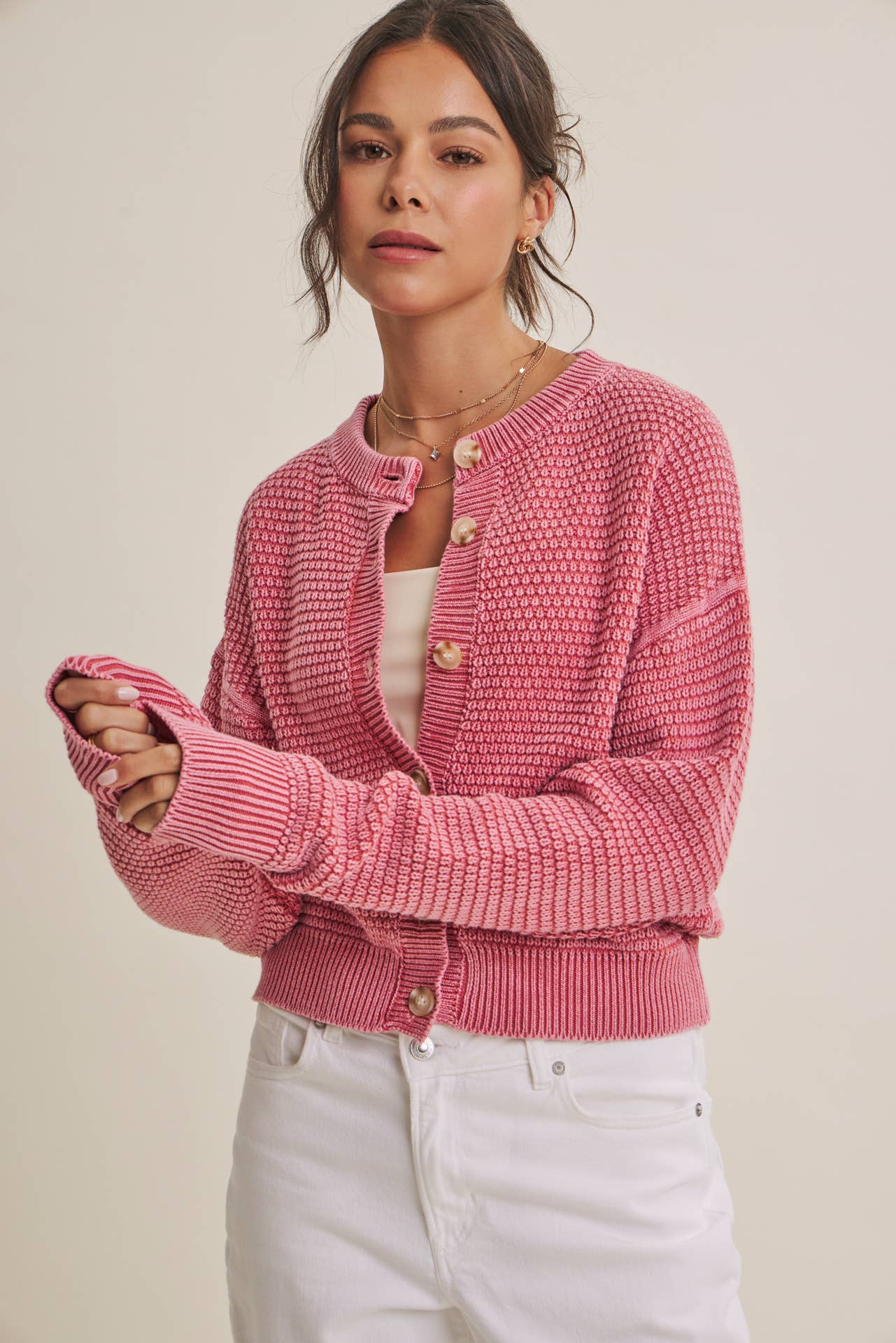 SEASONLESS MINERAL-WASHED COTTON WAFFLE BUTTON-DOWN CARDIGAN