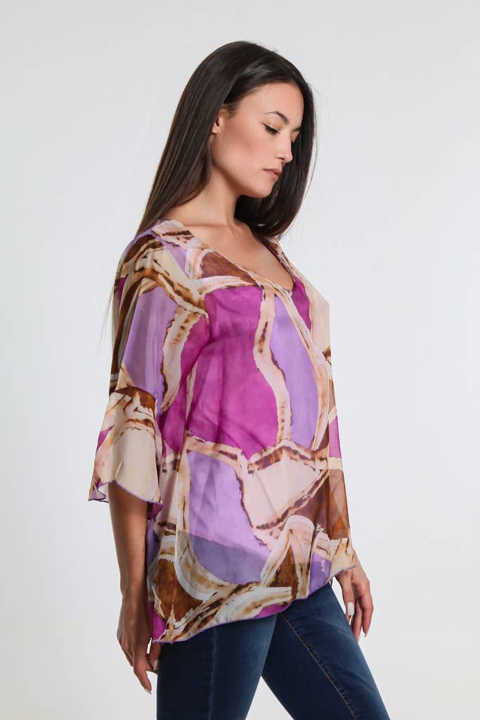 Martine Mosaic Flutter Sleeve Silk Blouse (BQ205M)