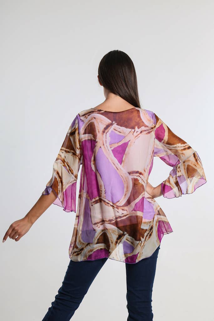 Martine Mosaic Flutter Sleeve Silk Blouse (BQ205M)