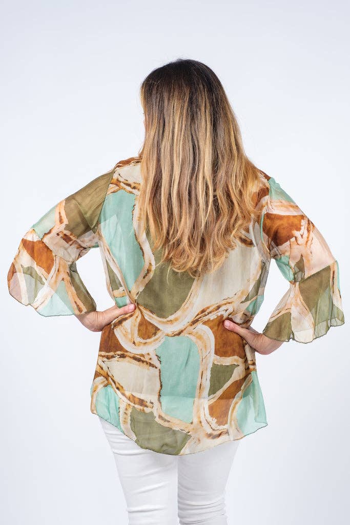 Martine Mosaic Flutter Sleeve Silk Blouse (BQ205M)