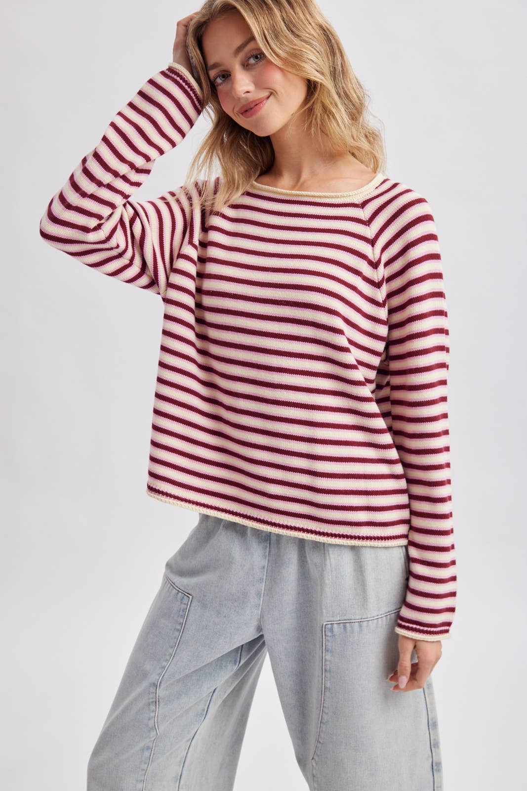 STRIPE CREW NECK KNIT SWEATER / WL26-13173