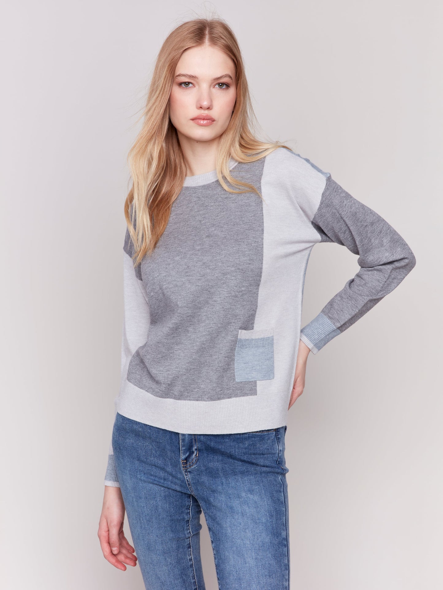 Charlie B Color Block Sweater with Pocket