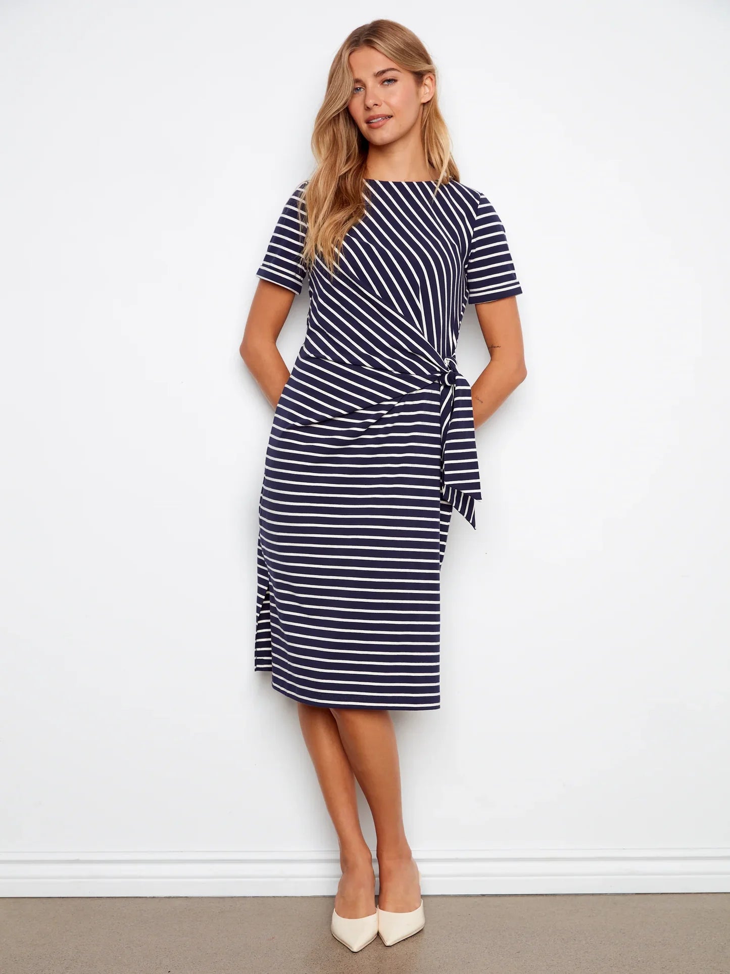 Charlie B Navy Striped  Boat Neck Dress