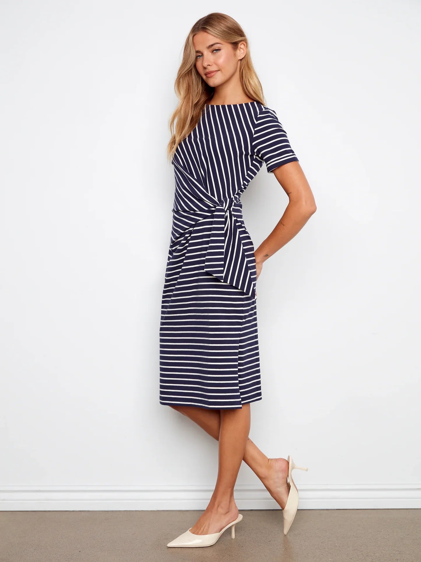 Charlie B Navy Striped  Boat Neck Dress