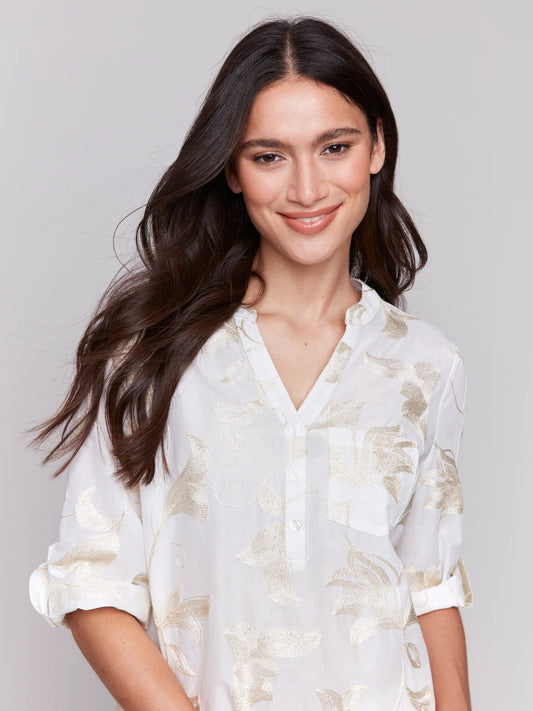 Charlie B Embroidered 3/4 Sleeve Blouse Gold