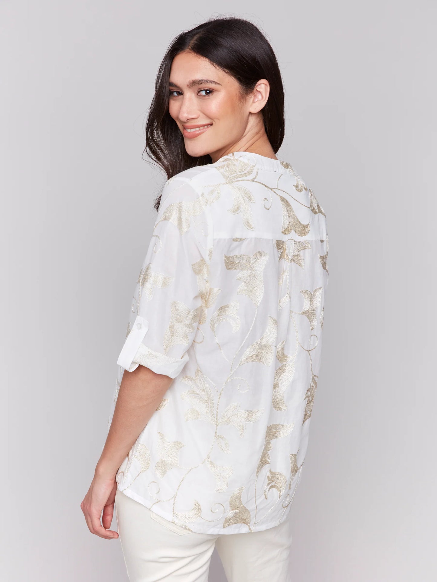 Charlie B Embroidered 3/4 Sleeve Blouse Gold