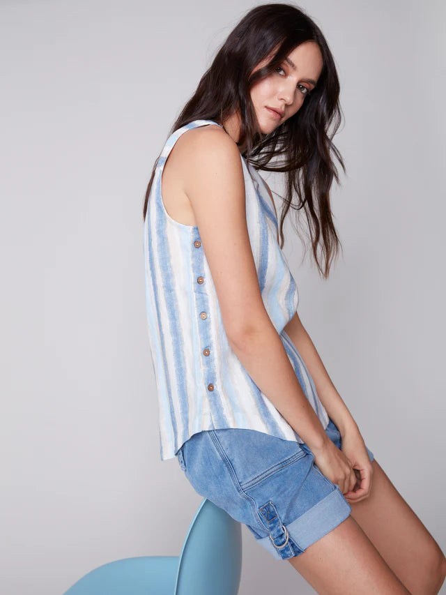 Charlie B Striped Linen Tank with side buttons