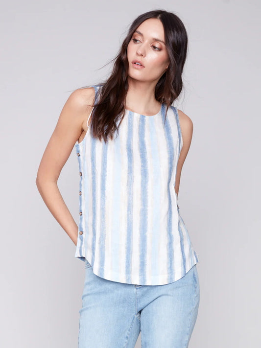 Charlie B Striped Linen Tank with side buttons