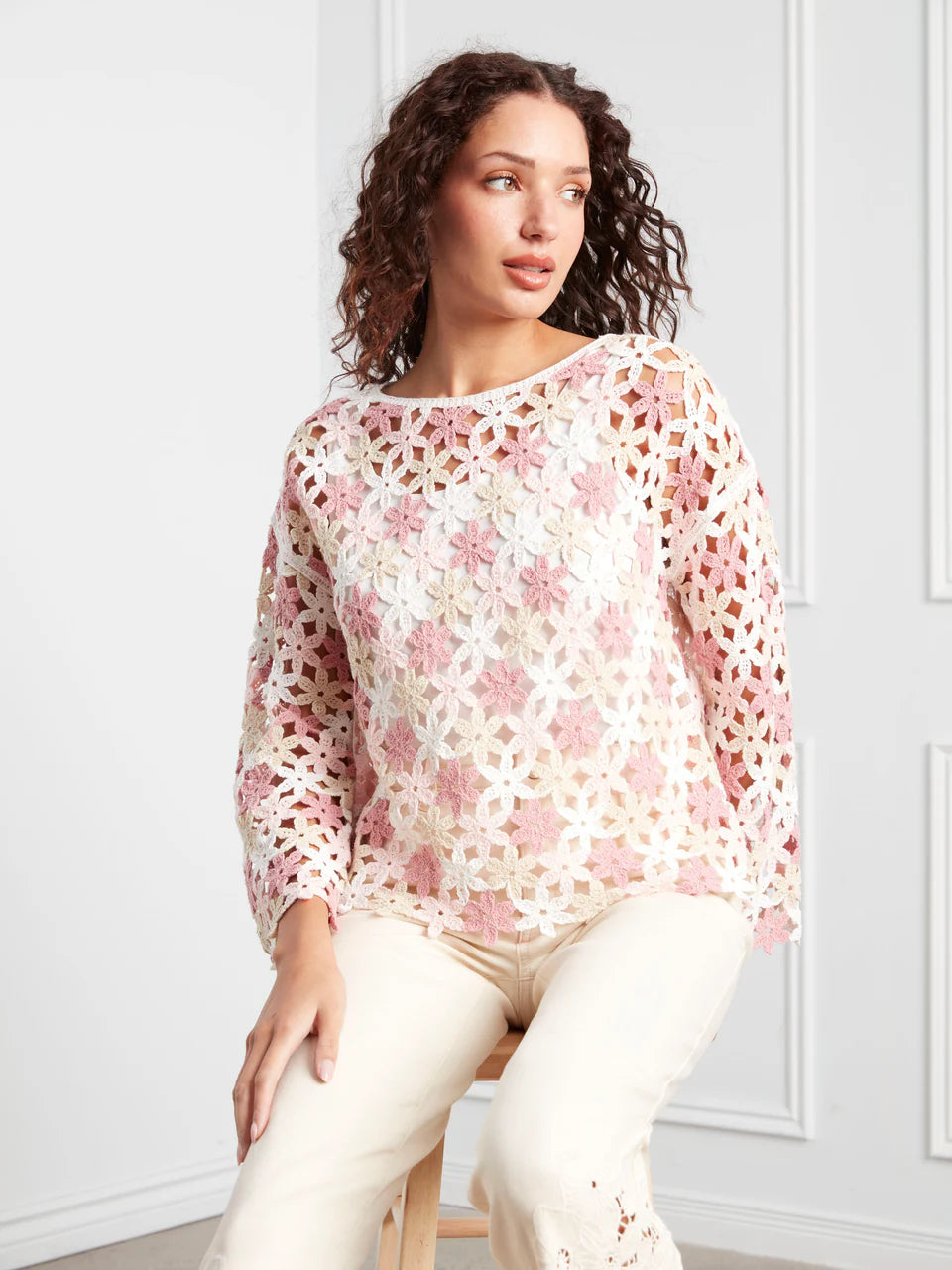 Charlie B Crocheted Flower Top in Carnation