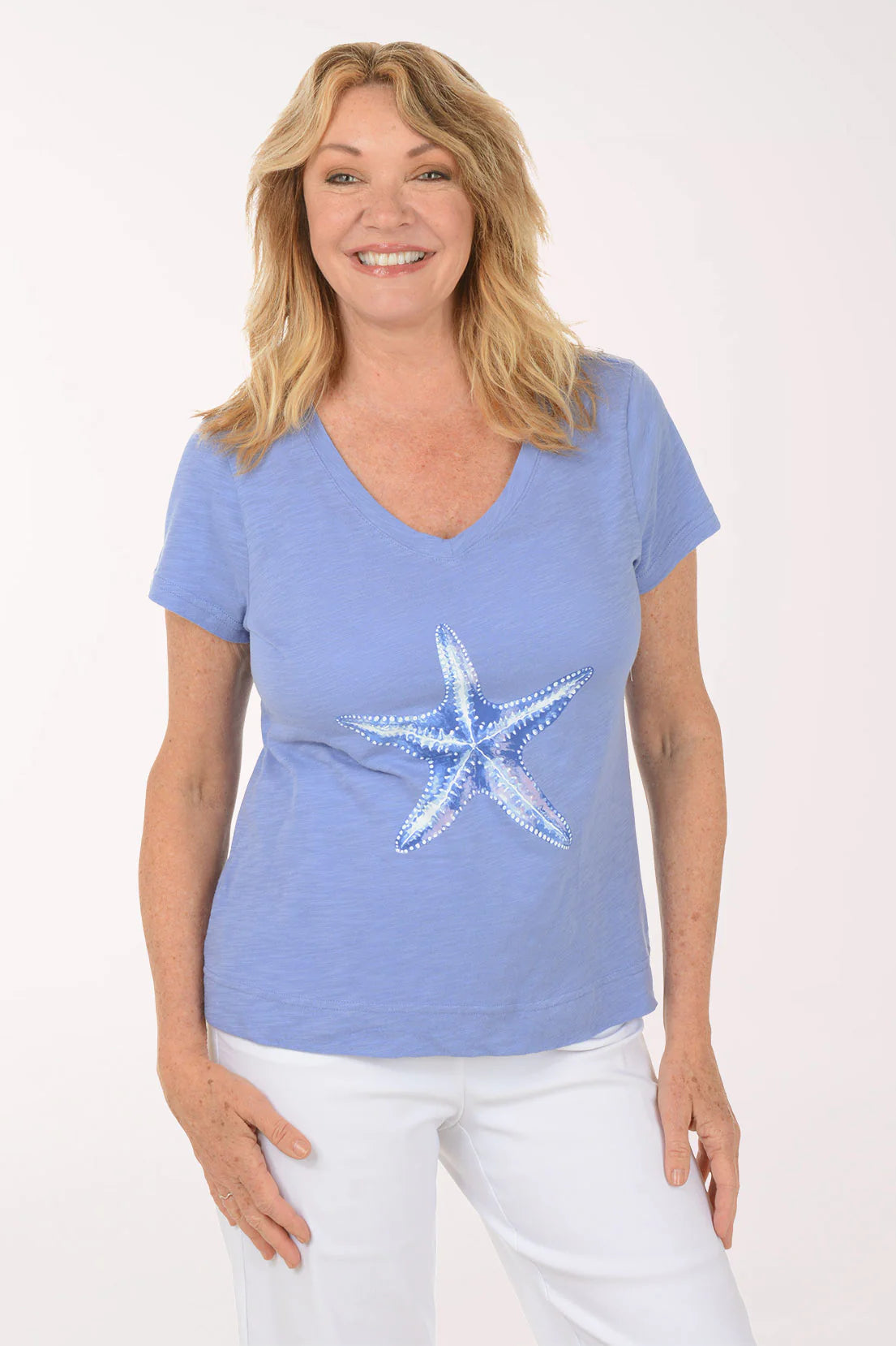 Escape Star Fish V-Neck Tee in Baja Blue