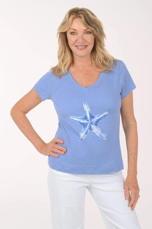 Escape Star Fish V-Neck Tee in Baja Blue