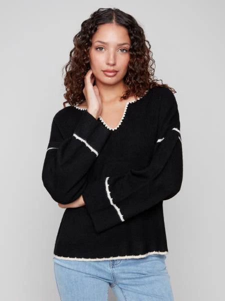 Charlie B Notched Neck Embroidered Sweater