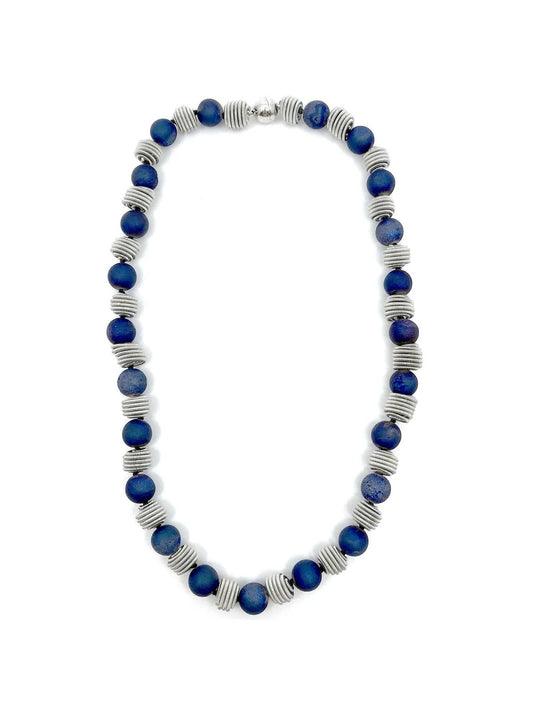 Short Blue Geode Beaded Necklace with Silver Coil