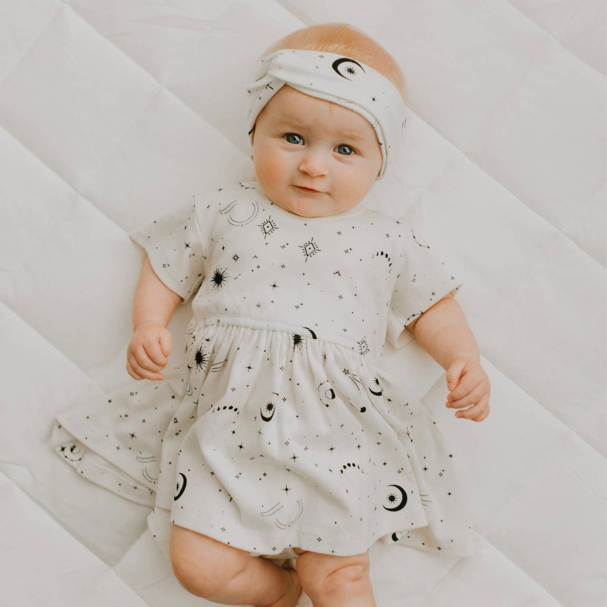 Baby kid short sleeve organic twirl dress | celestial stars