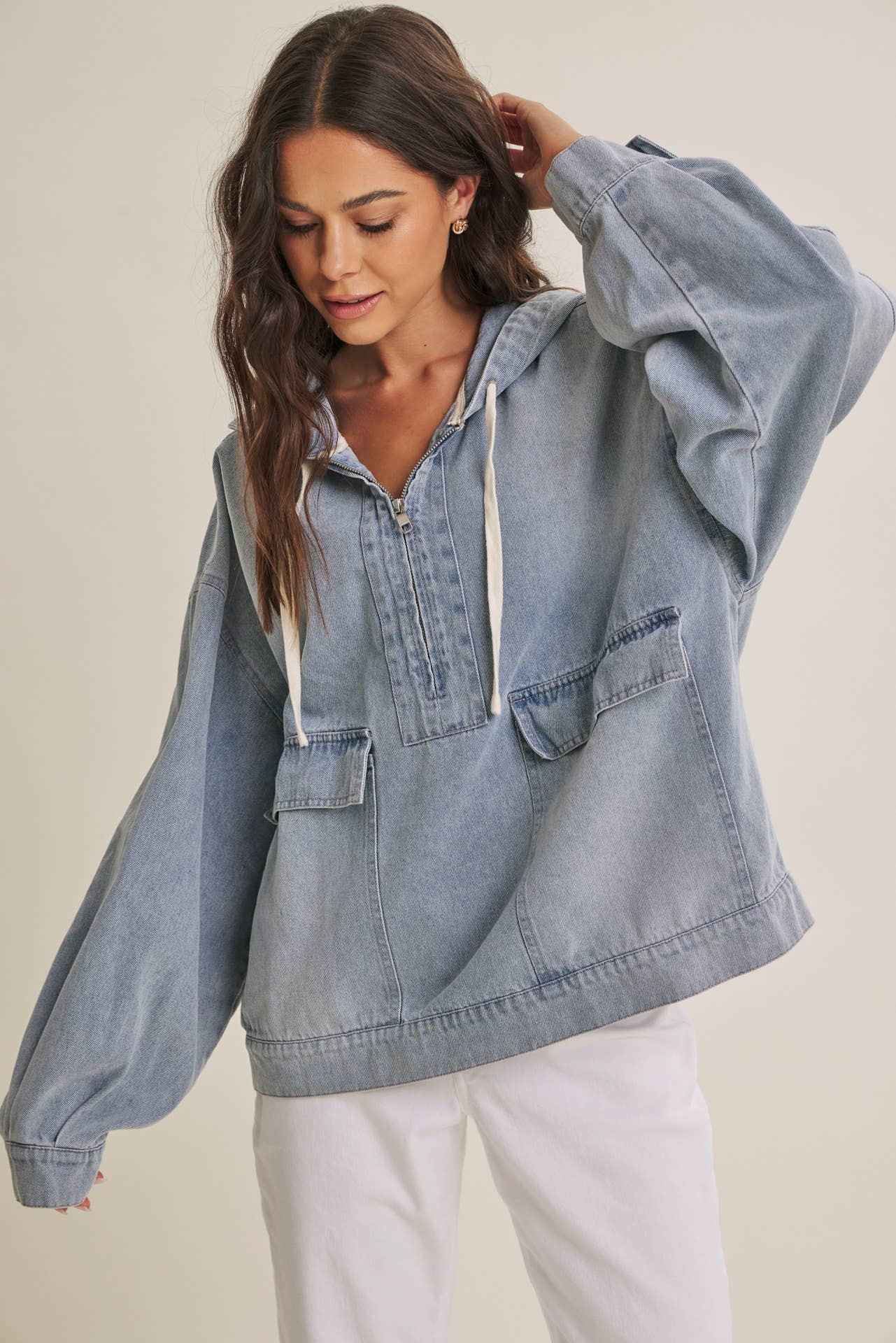 CRAVING COMFORT MINERAL-WASHED DENIM HOODED PULLOVER