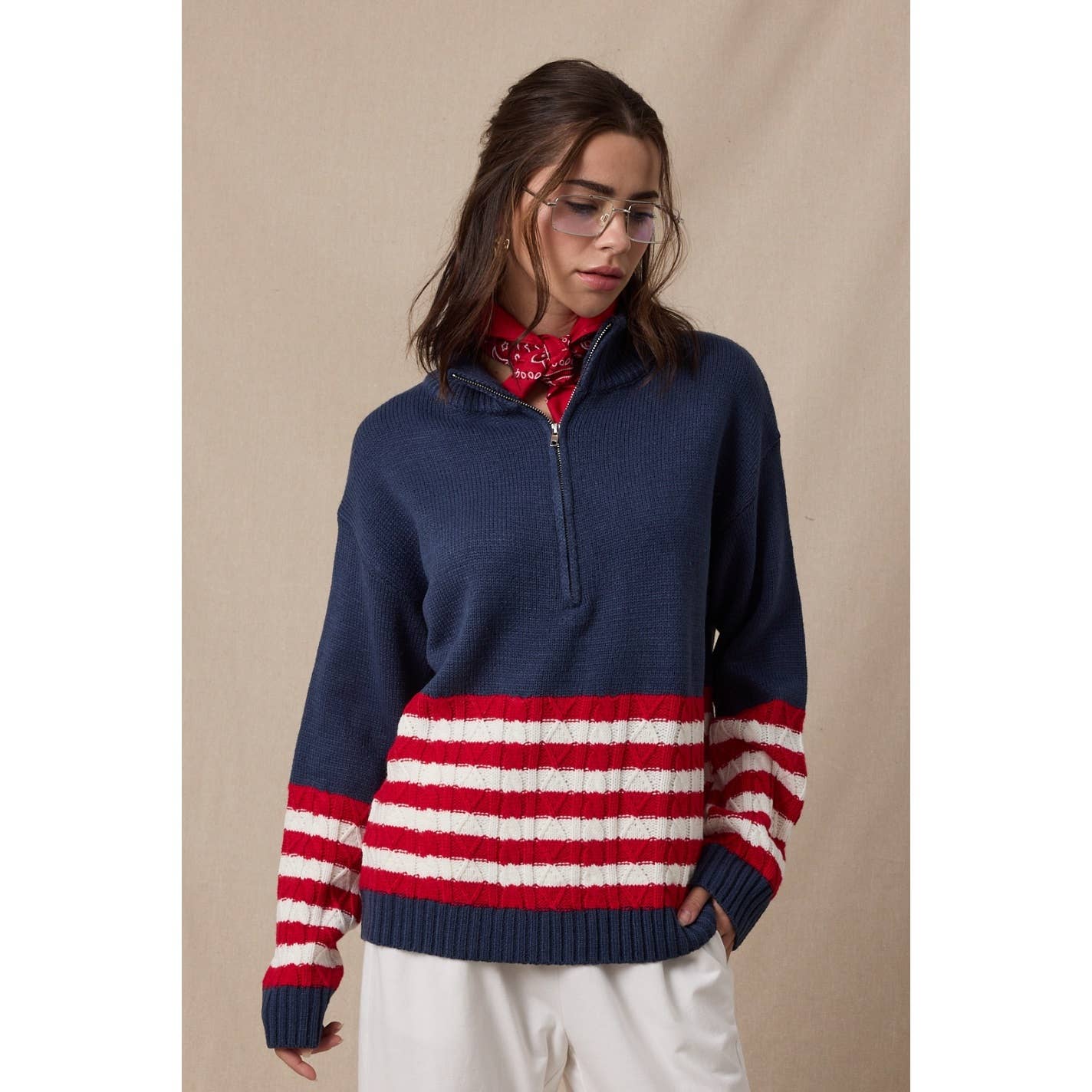 HALF-ZIP SWEATER WITH STRIPED DETAIL / WL25-11589