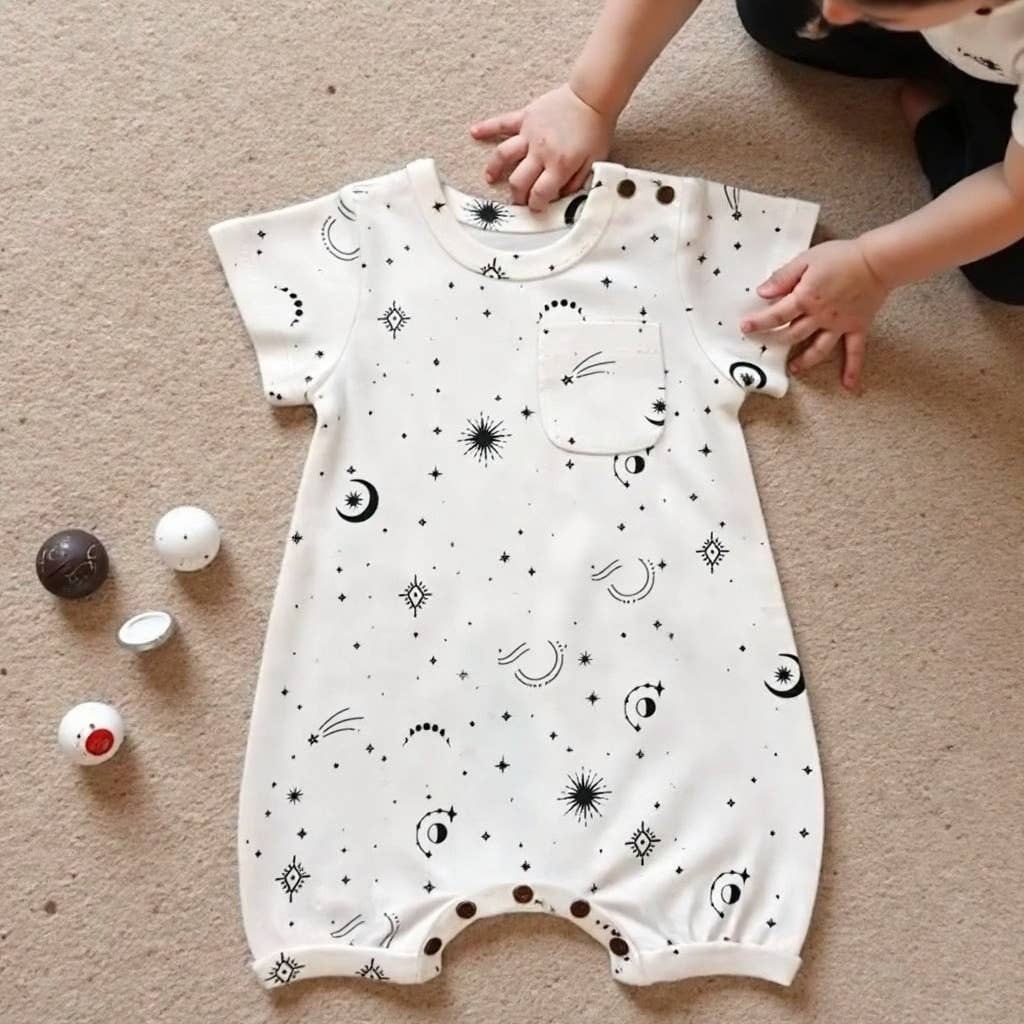 Baby kid organic short sleeve romper | celestial stars