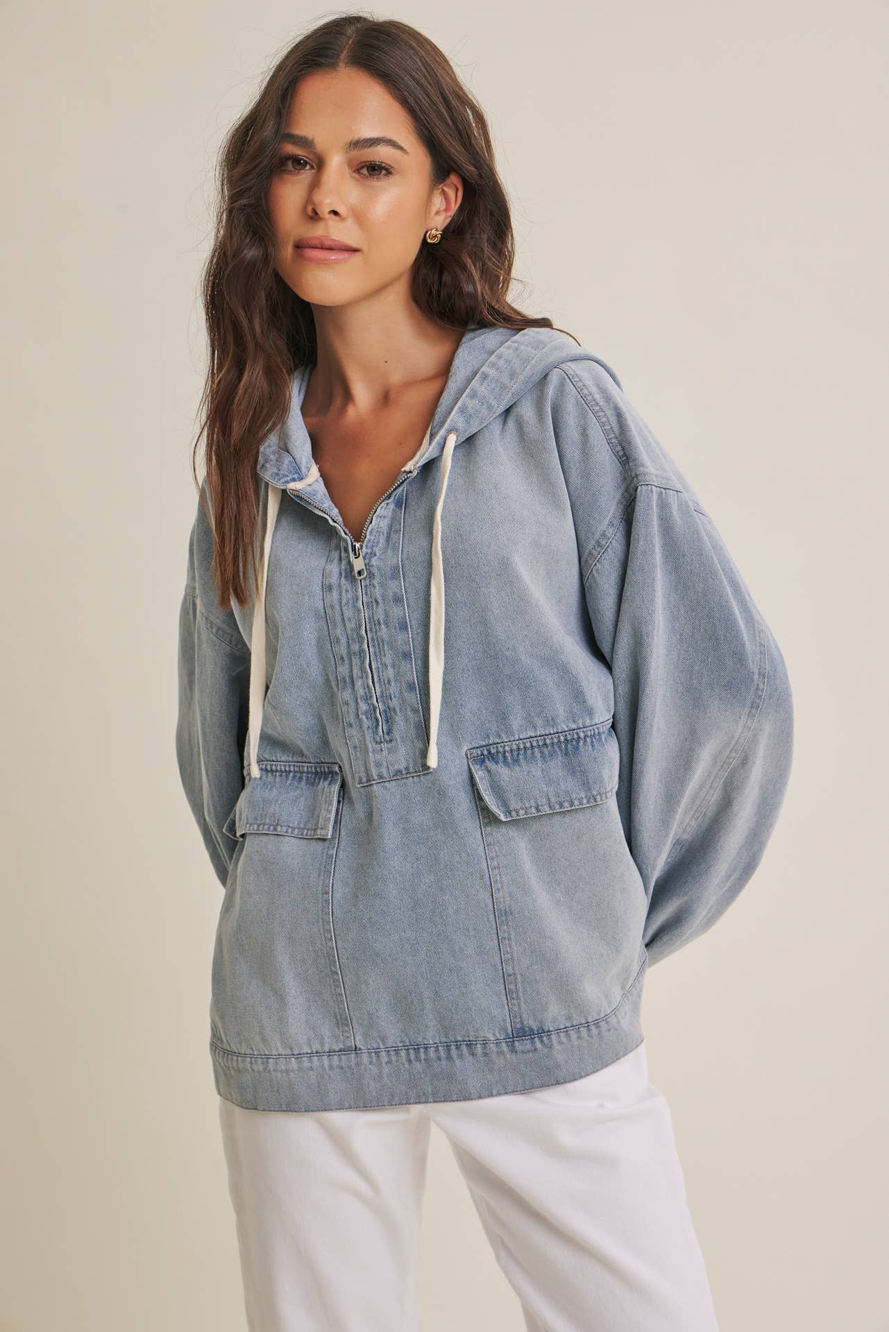CRAVING COMFORT MINERAL-WASHED DENIM HOODED PULLOVER