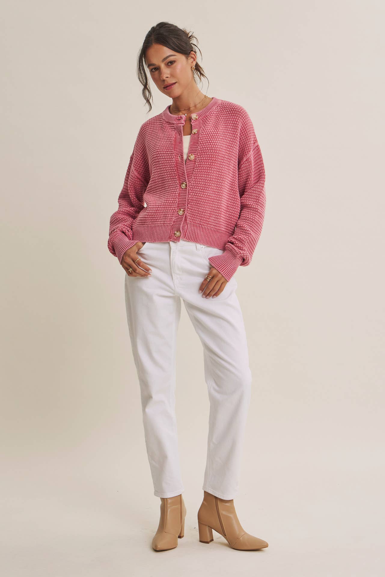 SEASONLESS MINERAL-WASHED COTTON WAFFLE BUTTON-DOWN CARDIGAN