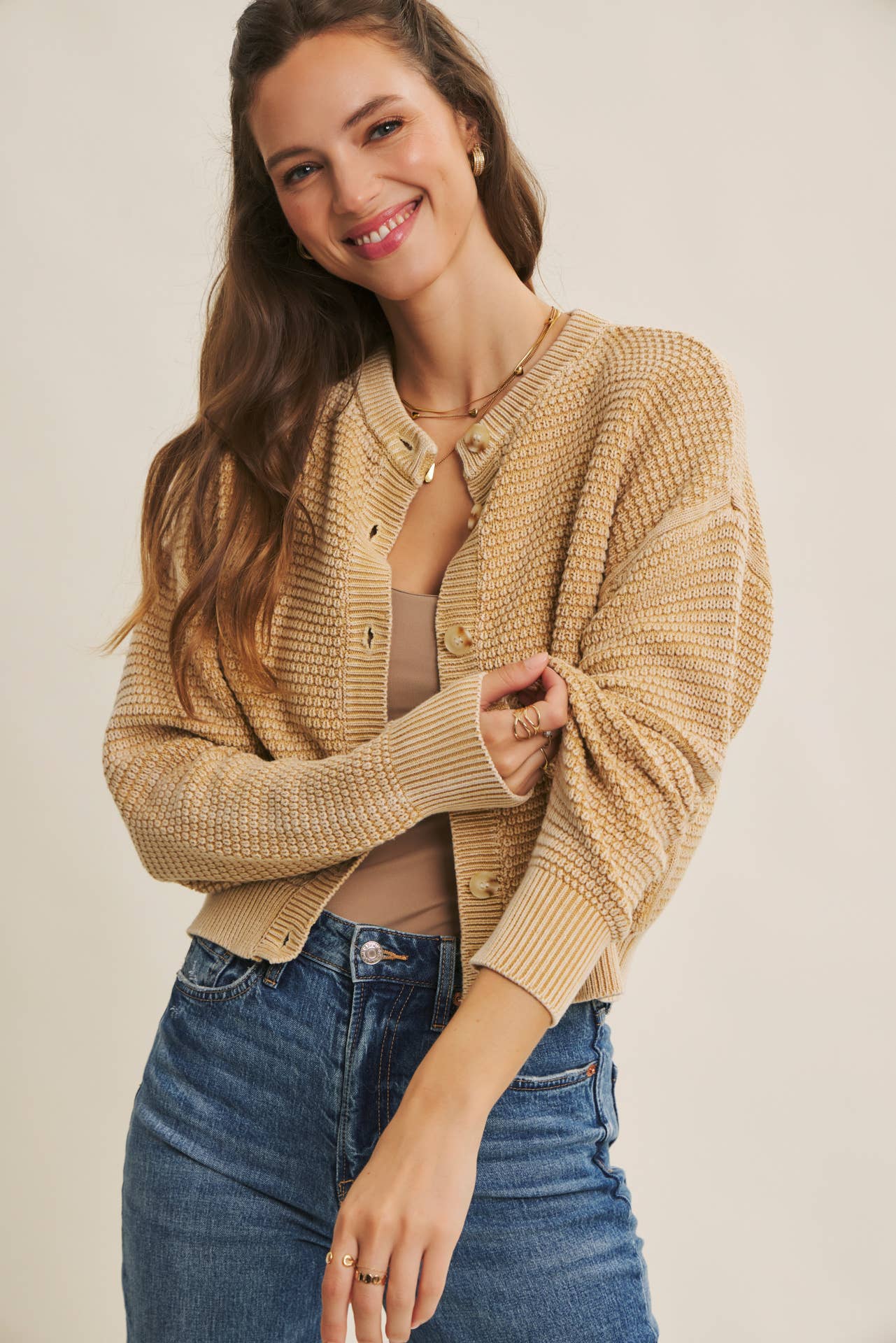 SEASONLESS MINERAL-WASHED COTTON WAFFLE BUTTON-DOWN CARDIGAN