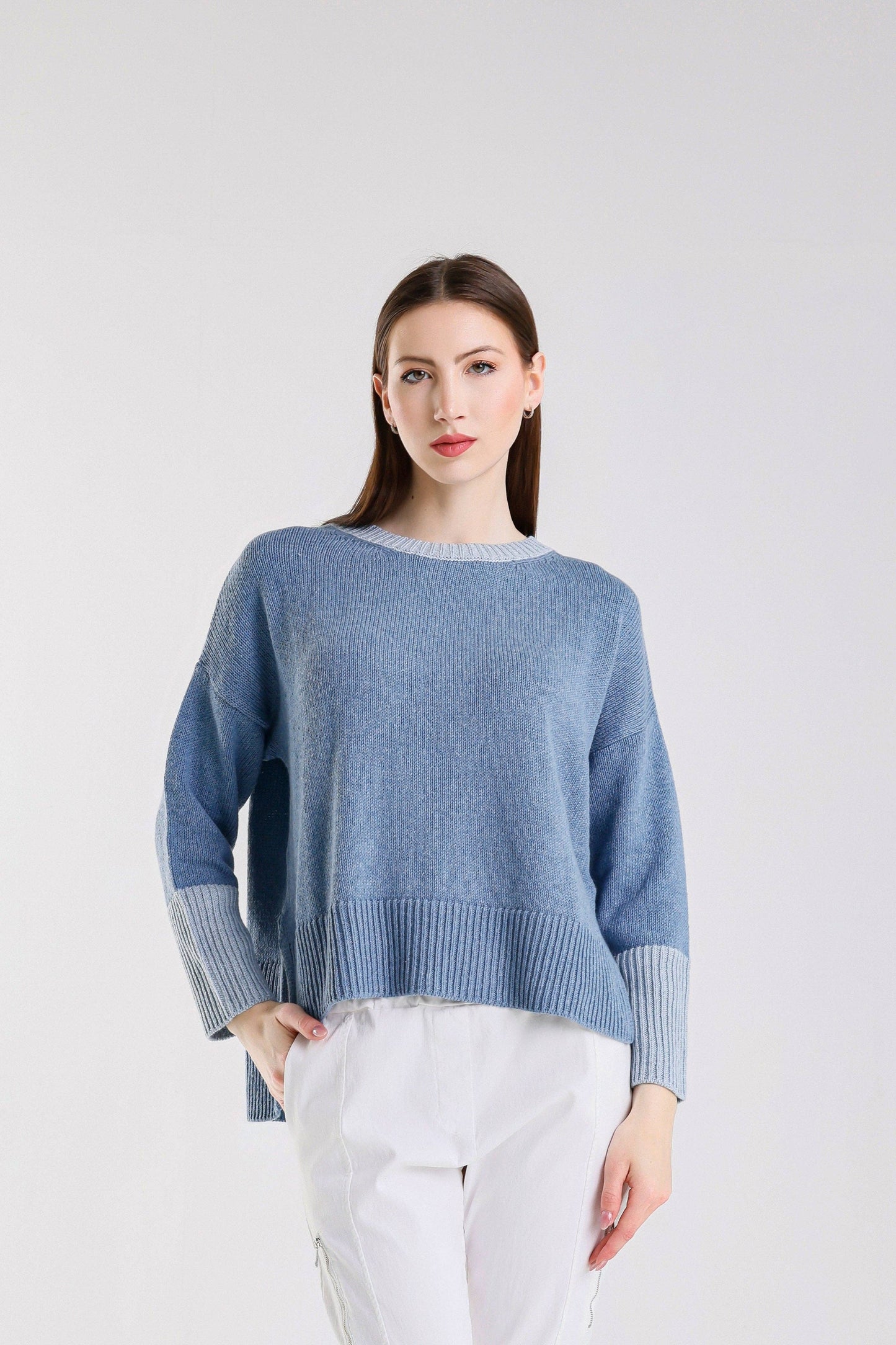 Lisbeth Contrast Neck Hi/Low Sweater (BLS915)