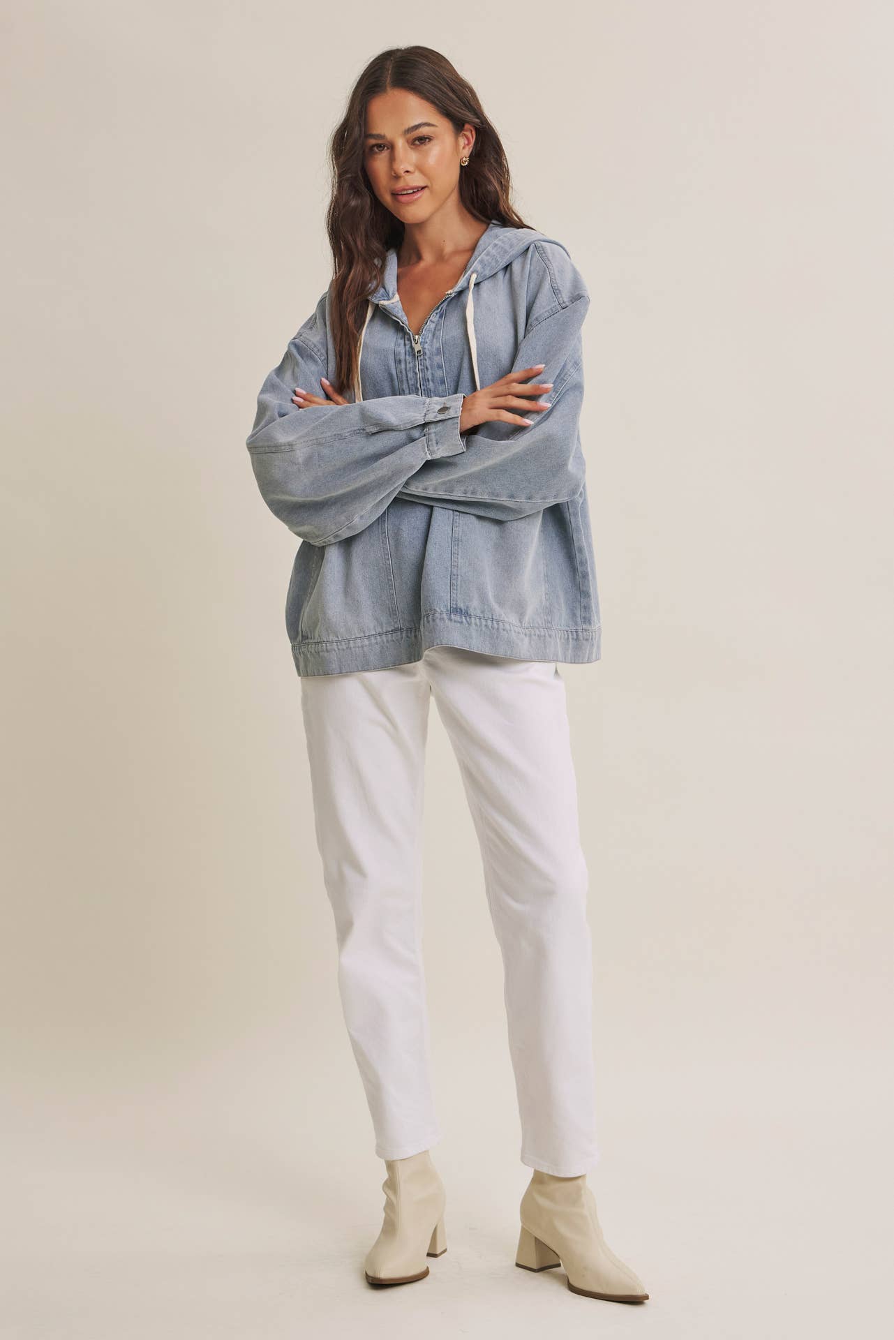 CRAVING COMFORT MINERAL-WASHED DENIM HOODED PULLOVER