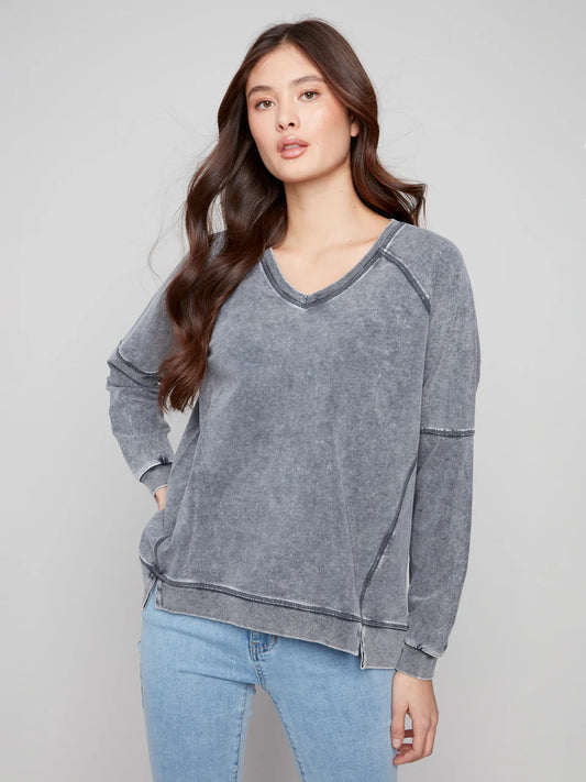 Charlie B Charcoal V Neck French Terry Top