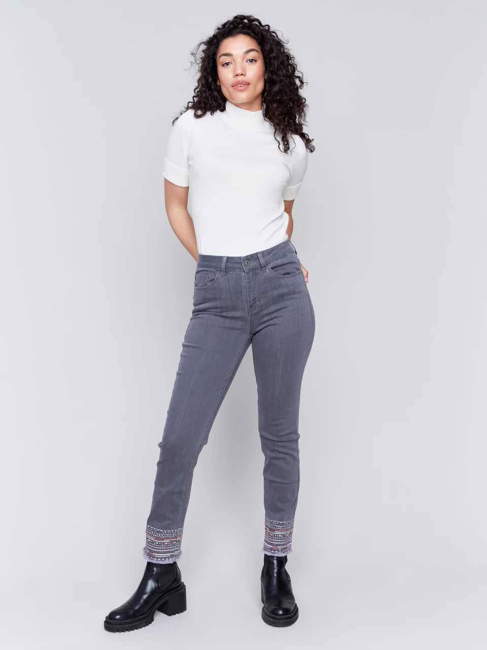 Charlie B Embroidered Gray Jeans