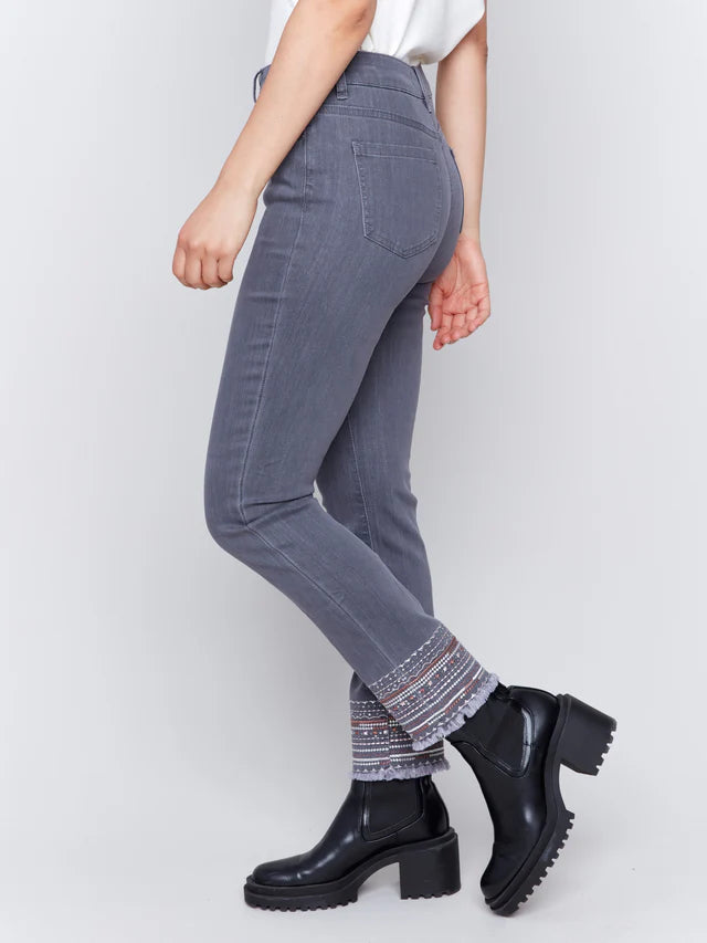 Charlie B Embroidered Gray Jeans