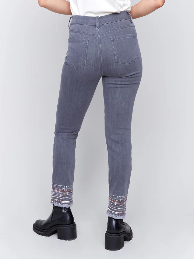 Charlie B Embroidered Gray Jeans