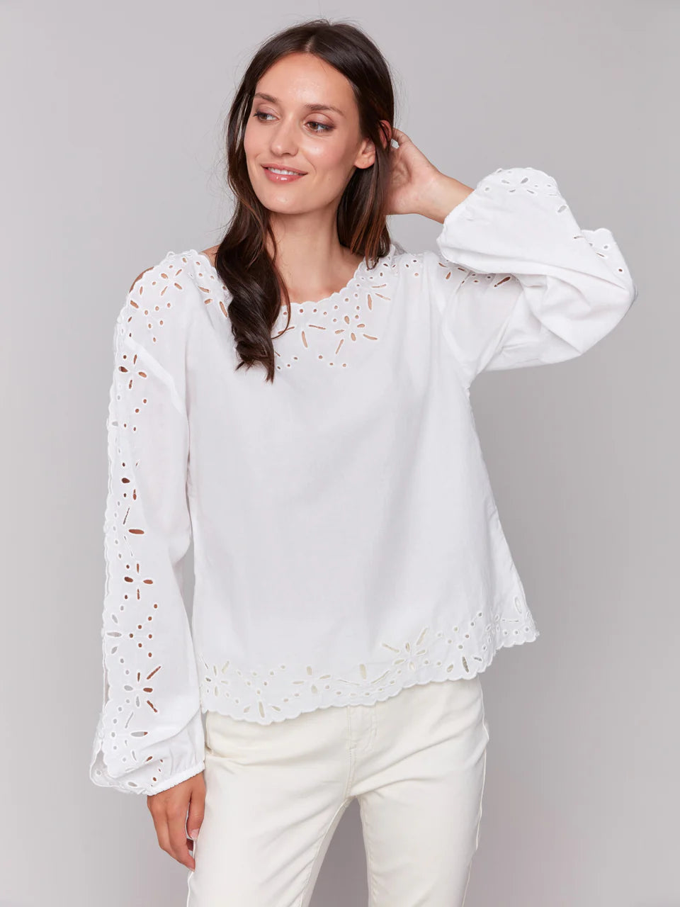 Charlie B Eyelet Cotton Long Sleeve Blouse