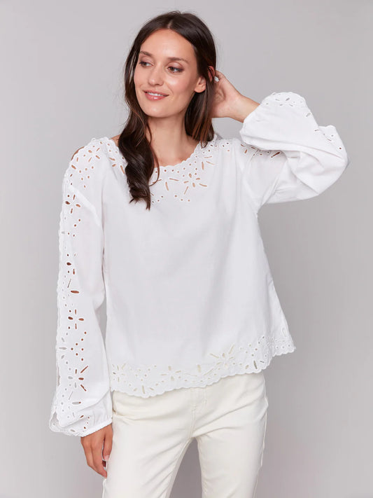 Charlie B Eyelet Cotton Long Sleeve Blouse