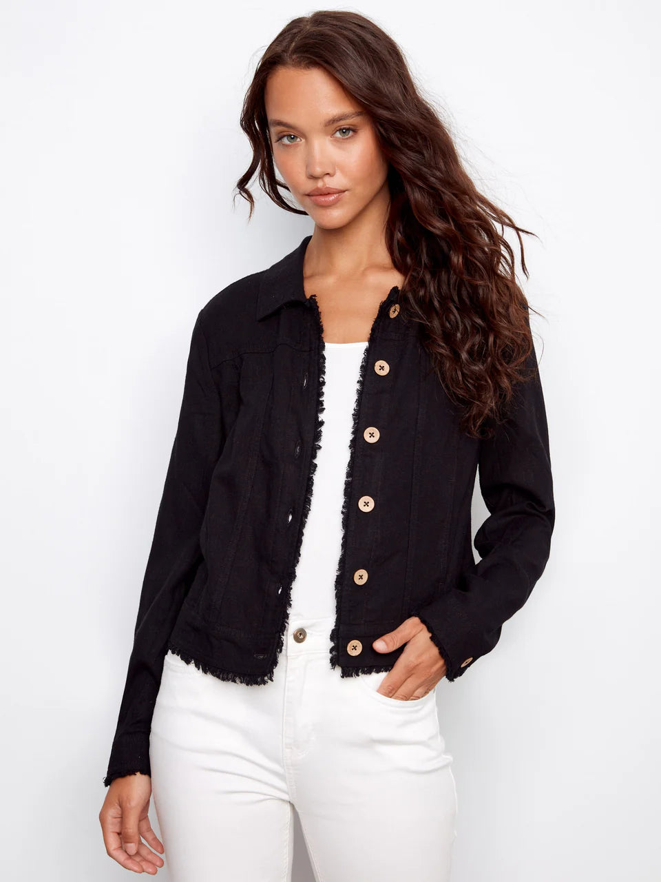 Charlie B Black Linen Blend Frayed
