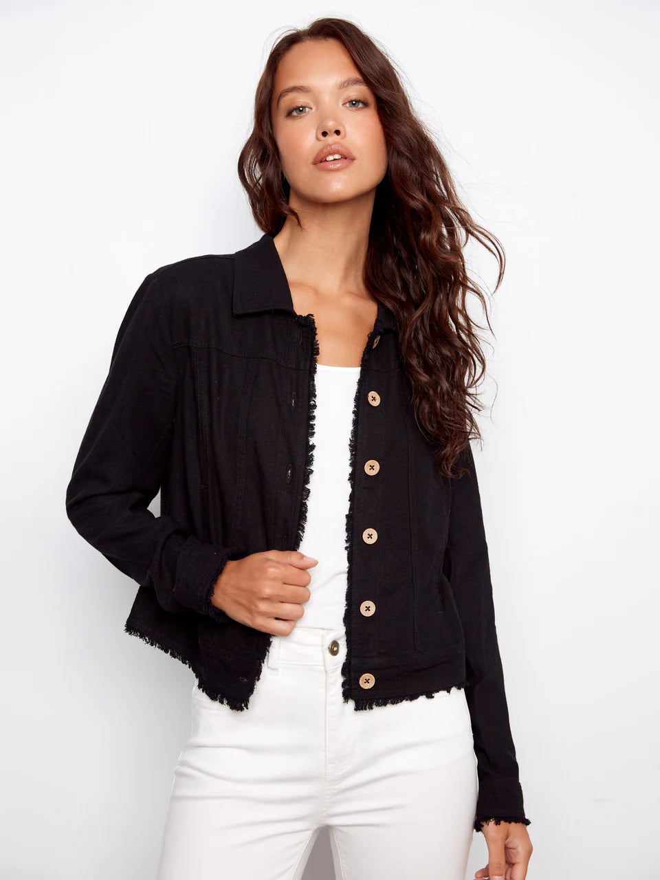 Charlie B Black Linen Blend Frayed