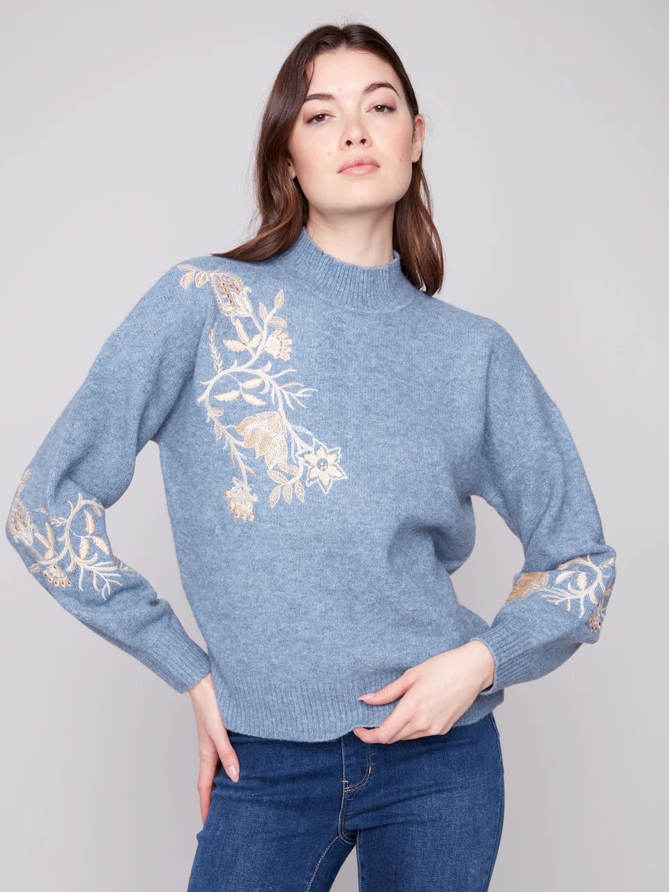 Charlie B Sequin Detail Mock Neck Sweater