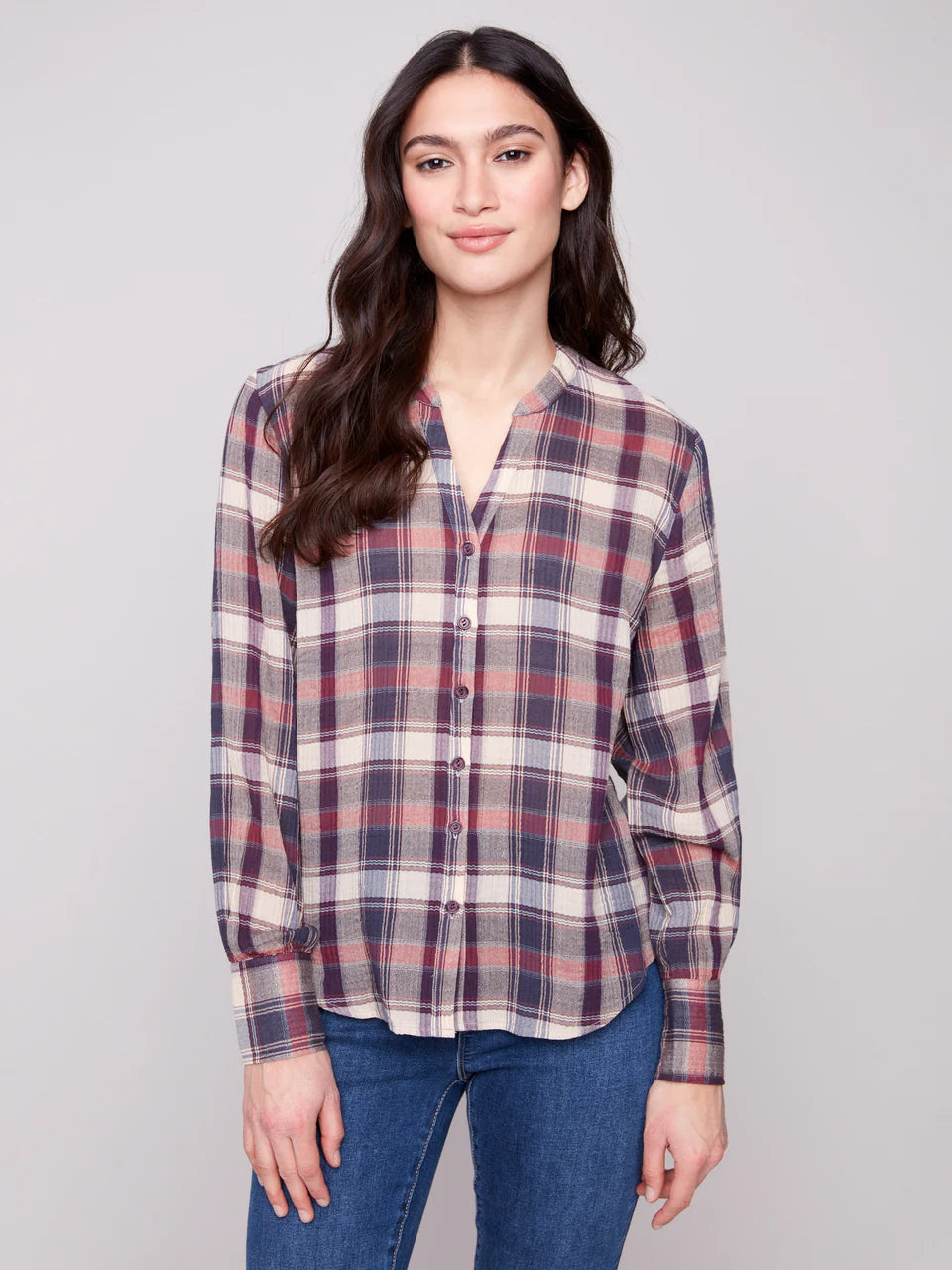 Charlie B Plaid Bubble Gauze Blouse