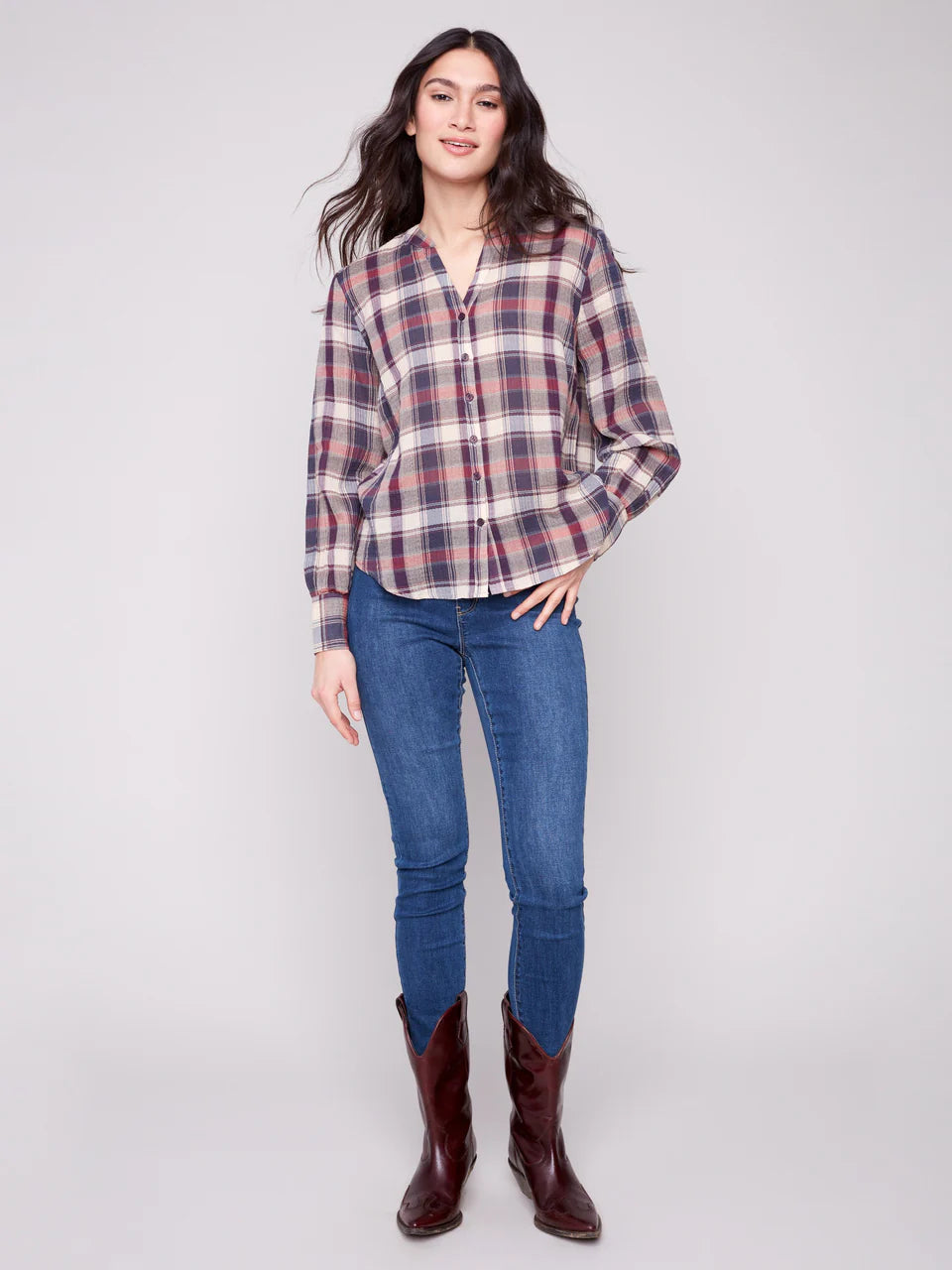 Charlie B Plaid Bubble Gauze Blouse