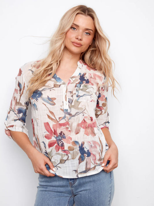 Charlie B Gauze Floral 3/4 Sleeve Blouse
