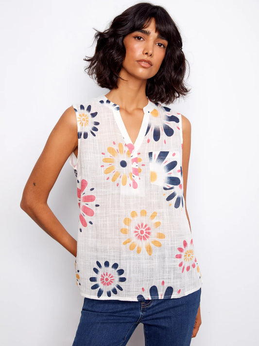 Charlie B Gauze Sleeveless Top Daisies