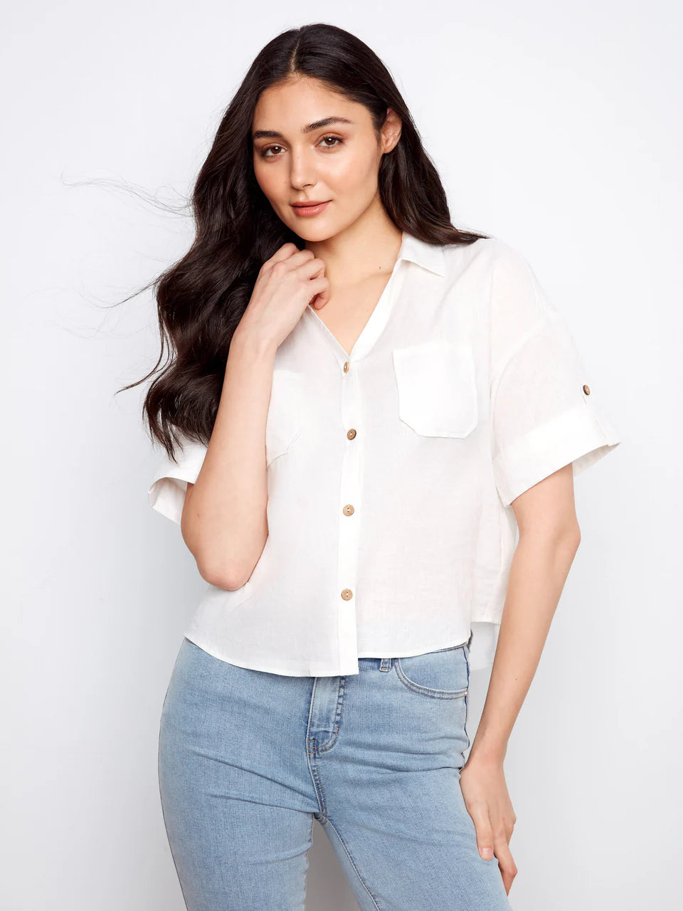 Charlie B Linen Blouse with Patch Pockets
