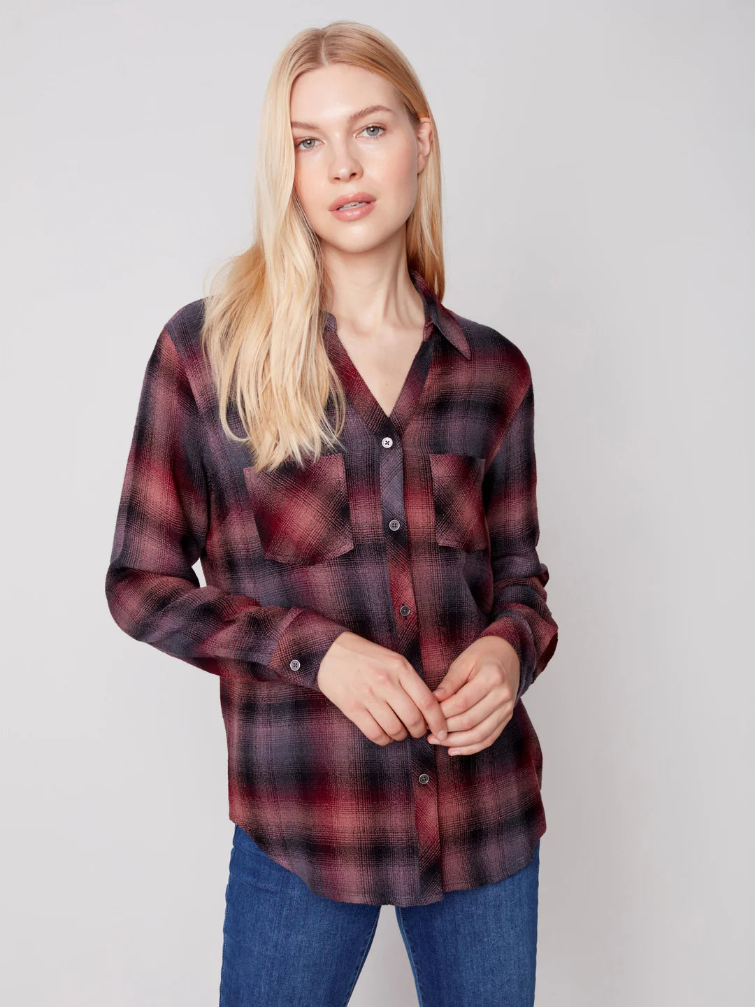 Charlie B Plaid Blouse in Port